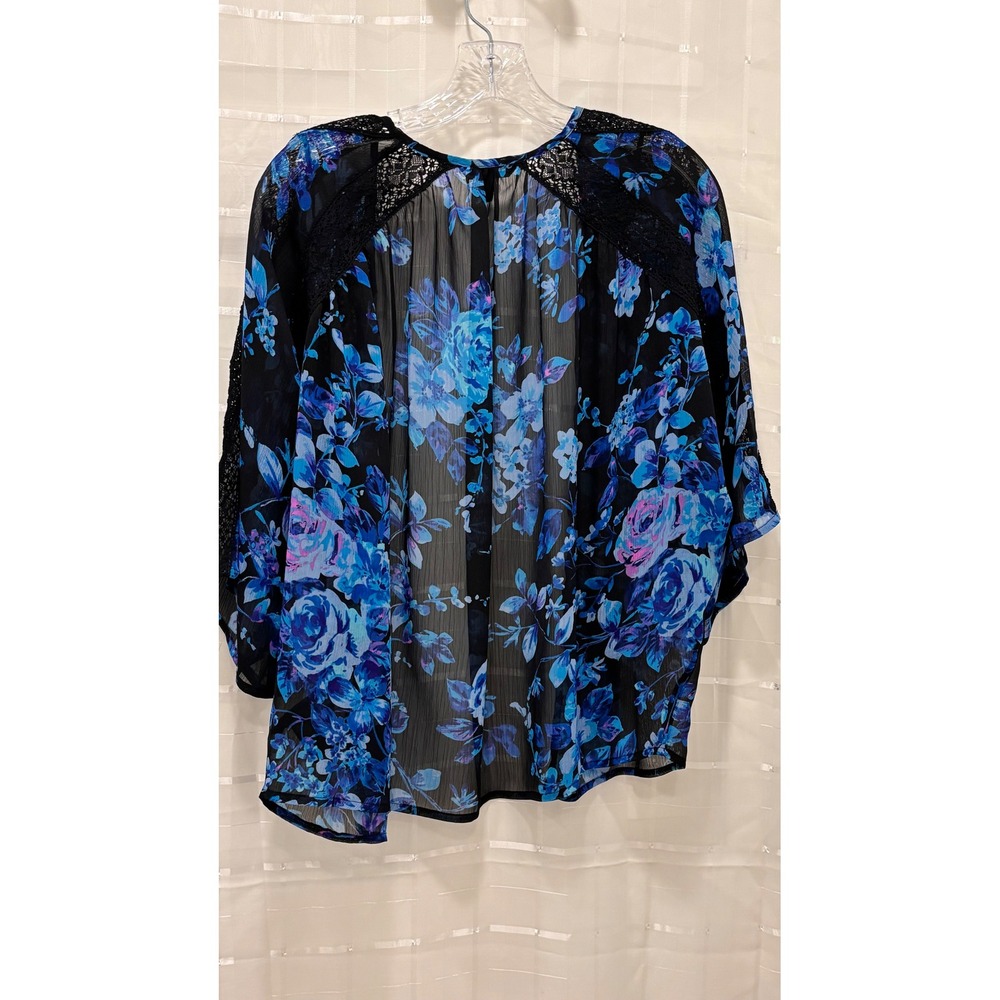 Express Floral Kimono Cardigan Blue Purple Lace Crochet Trim Sheer Chiffon XS - Picture 2 of 7